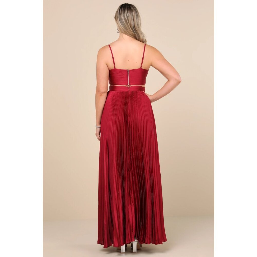 Lulu's Wine-Red Pleated Cutout Maxi Dress - Picture 2 of 10